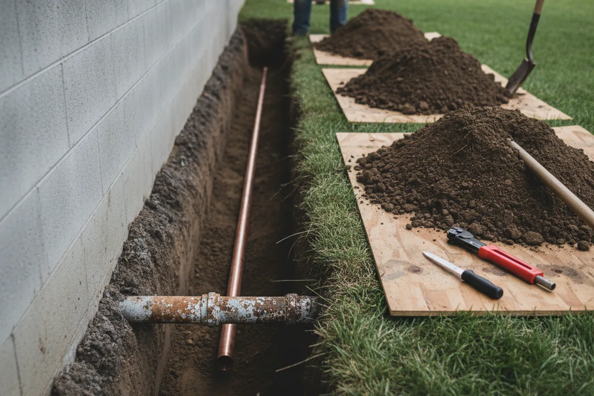 Excavated water line trench during Water Softener Installation in Brownsville